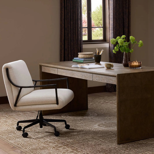 Cassidy Desk Chair by Four Hands in crypton nomad snow, ebony aluminum, hammered black. Made from 92% polyester, 8% flax, linen, aluminum, iron in a unique style.