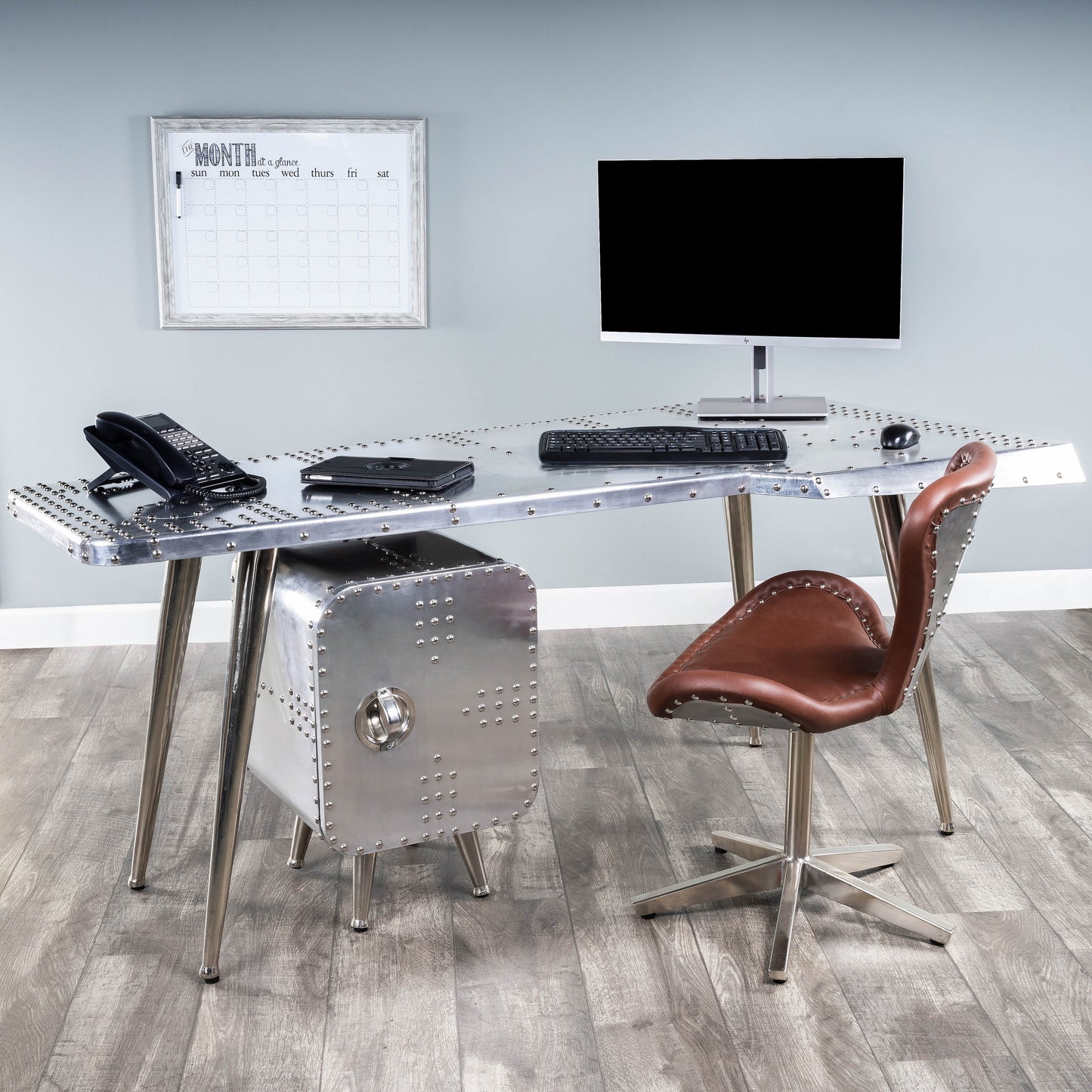 010 O-BUTLER-2552025 | Lifestyle | Midway Aviator Desk by Butler Specialty Company in silver and metalworks. Made from aluminum, steel, mdf, wood solids in a modern style.
