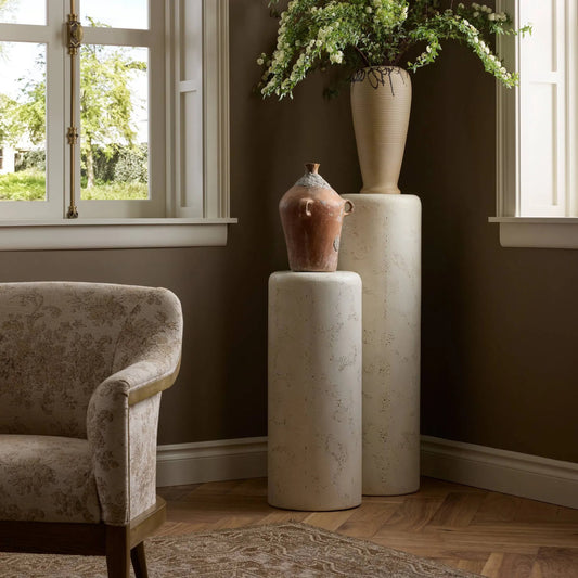 Arati Pedestal Set by Four Hands in aged white concrete. Made from solid concrete in a unique style.