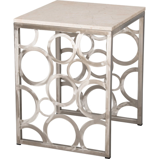 Square Rings Stool Accent Table by Emissary USA in white granite, polished stainless steel. Made from stainless steel in a cottage & farmhouse style.