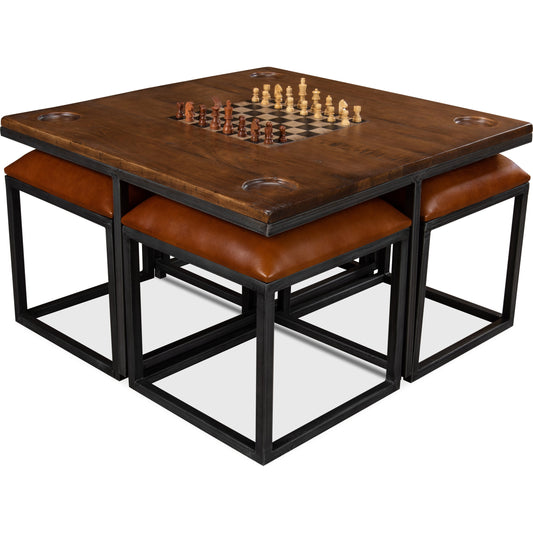 Low Game Table With Four Stools by Sarreid Ltd. in brown and fruitwood pewter base game pieces. Made from wood, leather, iron in a rustic style.