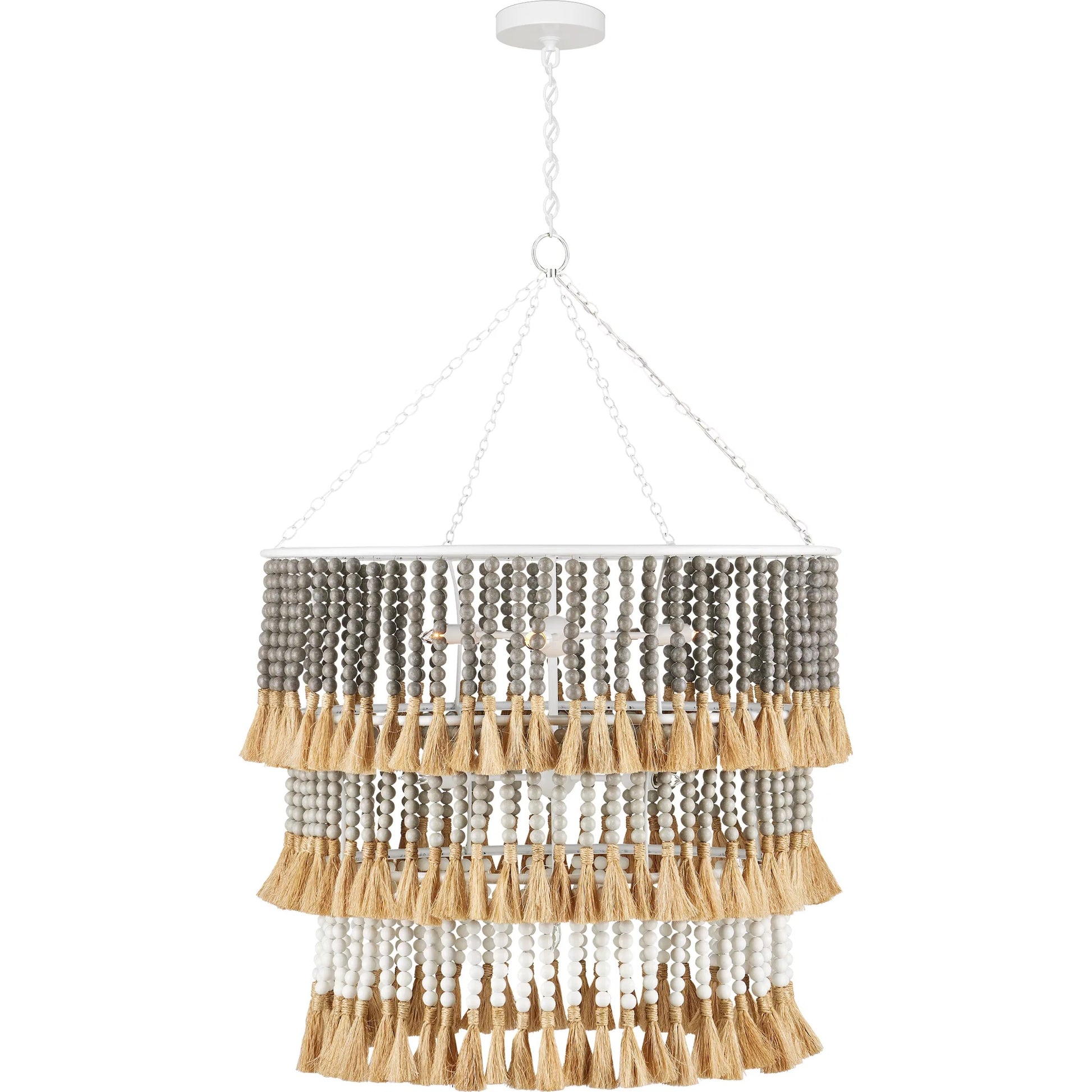 St. Barts Chandelier by Currey and Company in mist blue, demin blue. Made from wrought iron, wood beads, abaca rope in a coastal style.