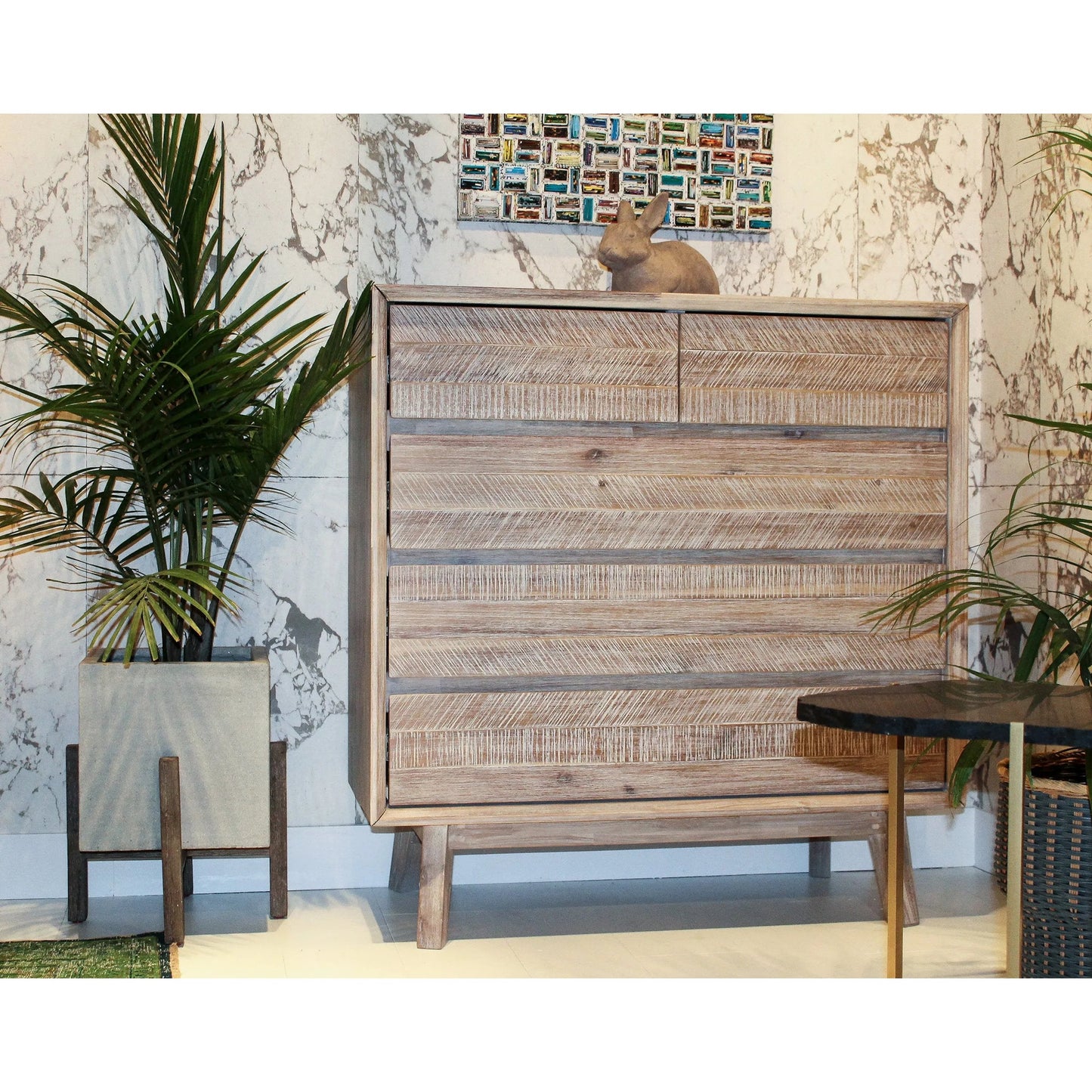 003 SI-2004376 | Lifestyle | Patio Square Standing Pot by LH Imports in natural stone and distressed brown. Made from acacia, ficonstone natural in a modern style.