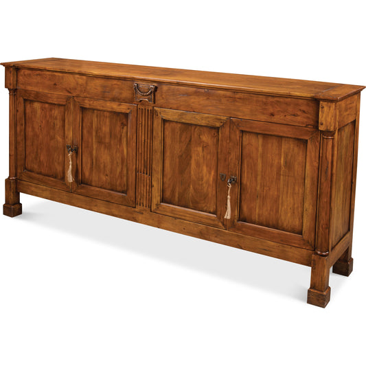 Caracoly Credenza by Sarreid Ltd. in brown and fruitwood finish 2 adj. shelves. Made from solid walnut in a rustic style.
