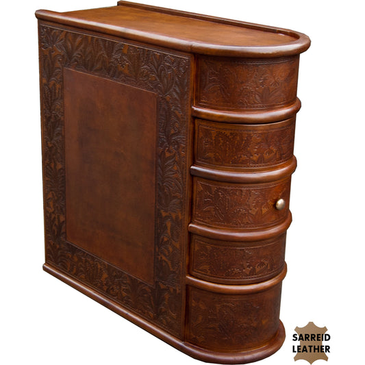 Barnes Leather Book Side Table by Sarreid Ltd. in brown and 1 drawer. Made from wood, leather, brass in a eclectic & global style.