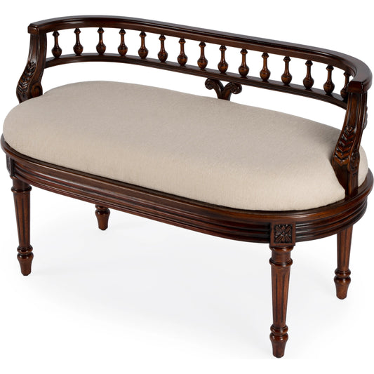 001 SI-2077697 | Primary Silo | Hathaway Upholstered Bench by Butler Specialty Company in dark brown and cherry. Made from rubberwood, cherry veneer, fiberboard, cotton fabric, urethane foam in a traditional style.