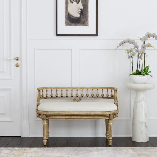Hathaway Upholstered Bench by Butler Specialty Company. Made from rubberwood, poplar, cherry veneer, fiberboard, cotton fabric, urethane foam in a traditional style.