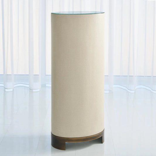 Ellipse Pedestal by Global Views in antique brass, acacia. Made from american white oak, belgian linen, glass, steel in a transitional style.