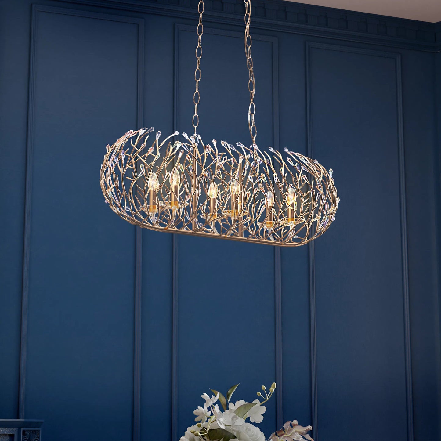 029 SR-817563 | Lifestyle | Bask Crystal Linear Pendant by Varaluz. Made from premium pre-installed crystal in a eclectic & global style.