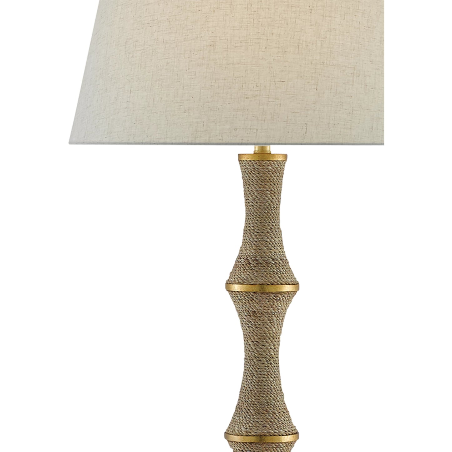 002 S-291156 | Closeup | Bourgeon Floor Lamp by Currey and Company in natural, dark contemporary gold leaf. Made from wood, abaca rope, wrought iron in a transitional style.