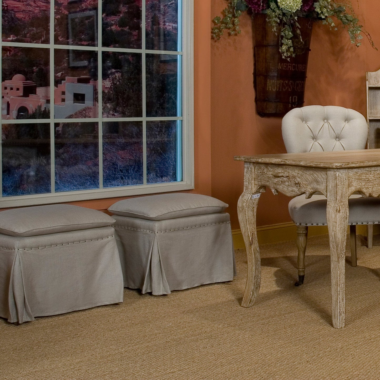002 S-242818 | Lifestyle | Draped Ottoman (Set of 2) by Sarreid Ltd. in beige. Made from oak, linen in a modern style.