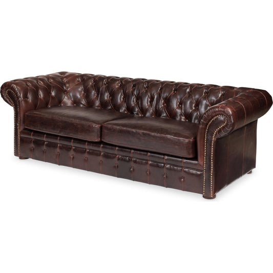 Piccadilly 3 Seat Sofa by Sarreid Ltd. in brown and antiqued split cowhide leather. Made from birch, leather in a traditional style.