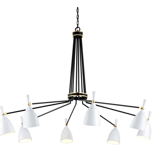 Utopia 8-Light Chandelier by Corbett in black brass off white shades. Made from hand-crafted iron, aluminum in a modern style.