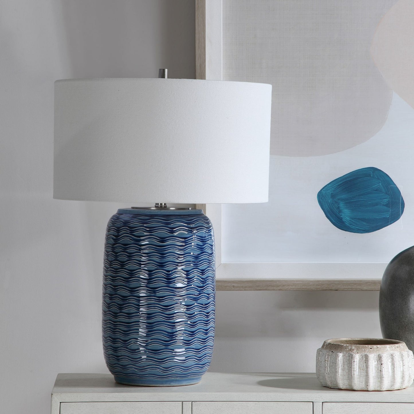 005 SR-766775 | Lifestyle | Sedna Table Lamp by Uttermost in blue. Made from medium temperature ceramic, iron in a coastal style.