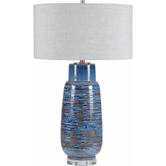 MagellanTable Lamp by Uttermost in blue. Made from ceramic, iron, crystal in a coastal style.