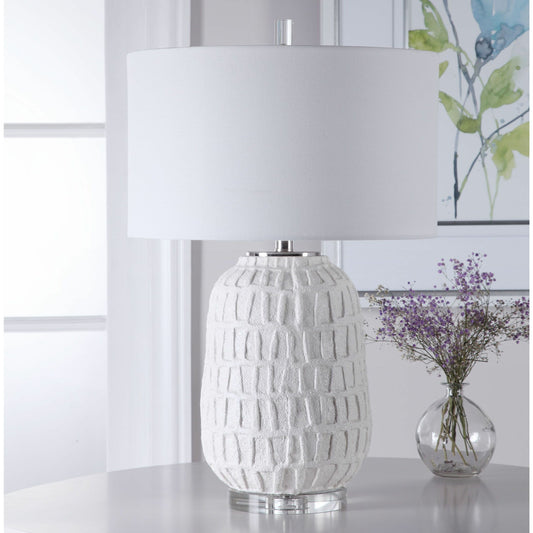 Caelina Textured Table Lamp by Uttermost in white. Made from steel, ceramic, crystal, fabric in a modern style.