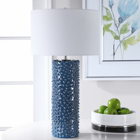 Ciji Table Lamp by Uttermost in blue. Made from ceramic, steel, fabric in a coastal style.