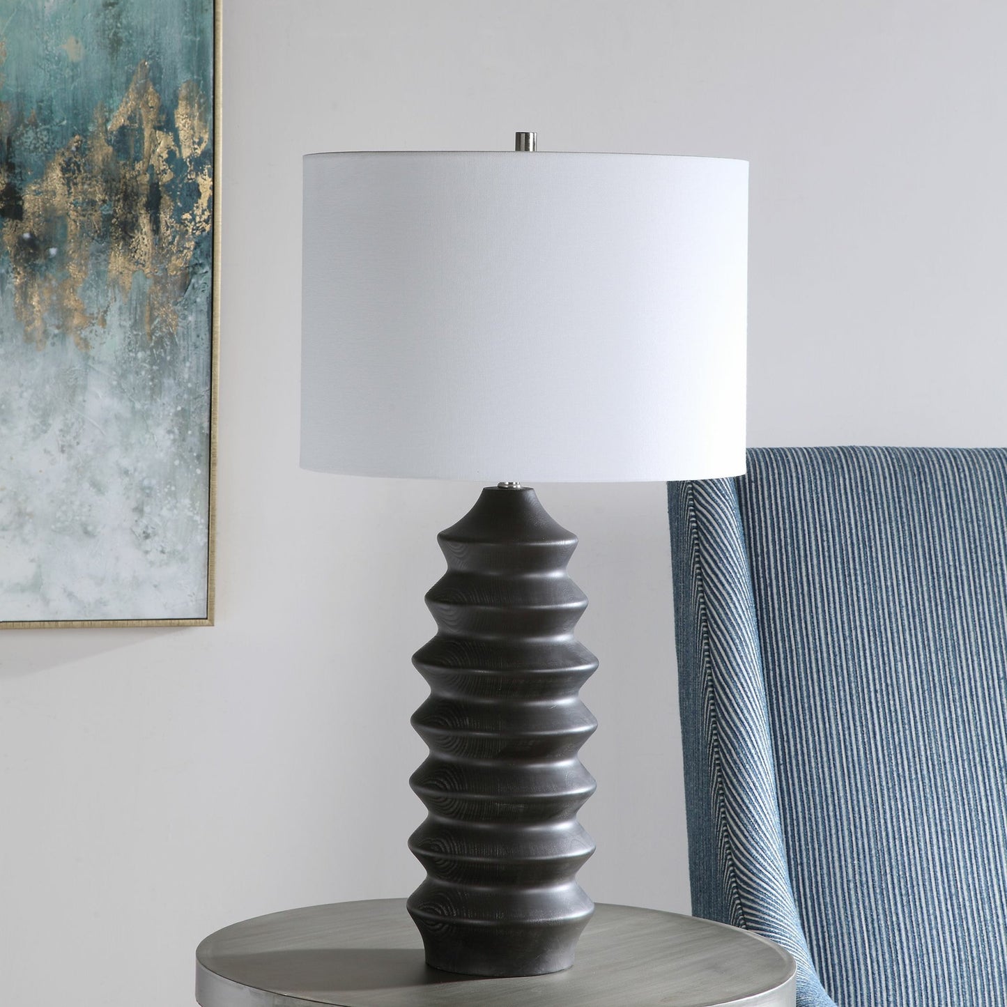 005 SR-766788 | Lifestyle | Mendocino Modern Table Lamp by Uttermost. Made from wood, steel, fabric in a modern style.