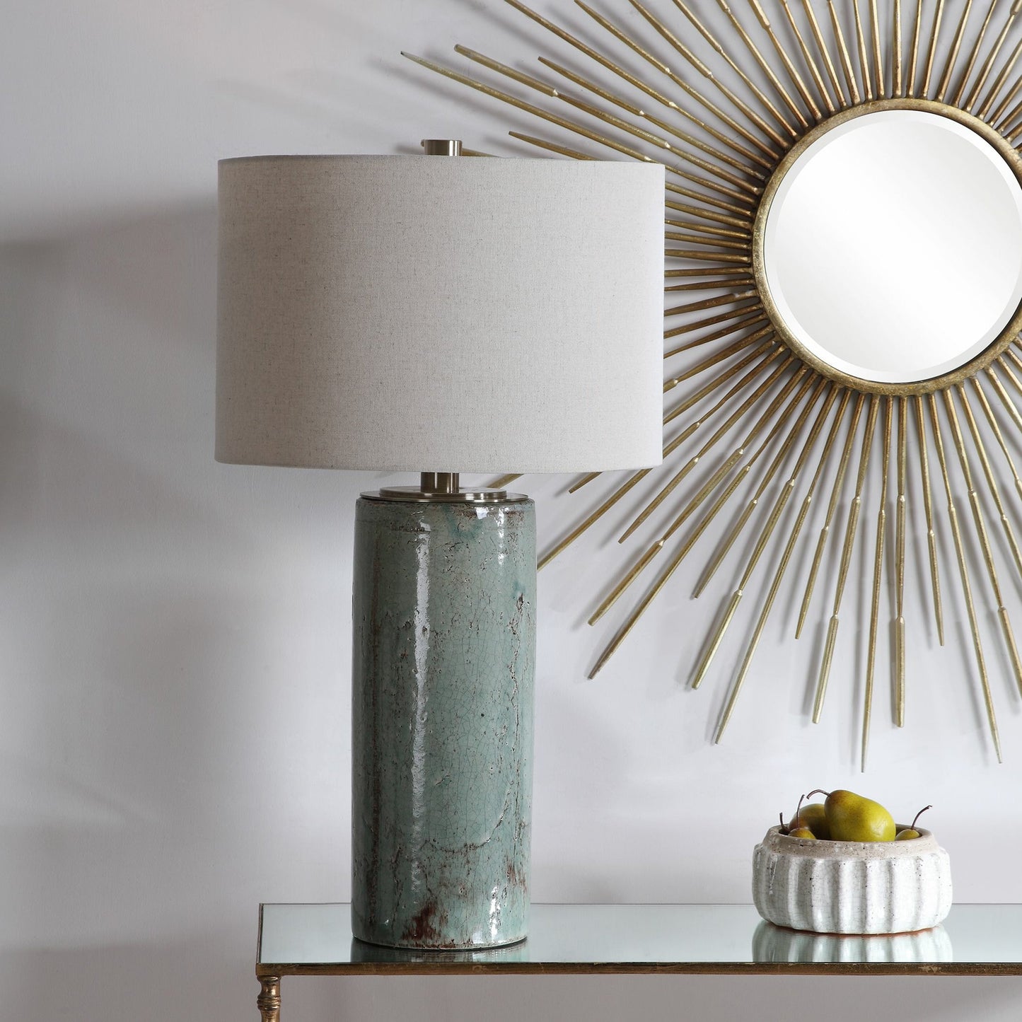 004 SR-766799 | Lifestyle | Callais Crackled Table Lamp by Uttermost in aqua. Made from ceramic, metal in a modern style.