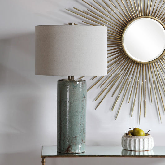 Callais Crackled Table Lamp by Uttermost in aqua. Made from ceramic, metal in a modern style.