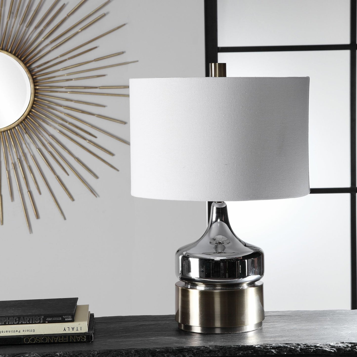 001 SR-766801 | Lifestyle | Como Table Lamp by Uttermost. Made from metal, glass, fabric in a transitional style.