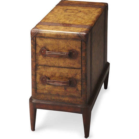 Vasco Side Table by Butler Specialty Company in light brown and heritage. Made from plywood, map inlay, young buffalo leather in a eclectic & global style.
