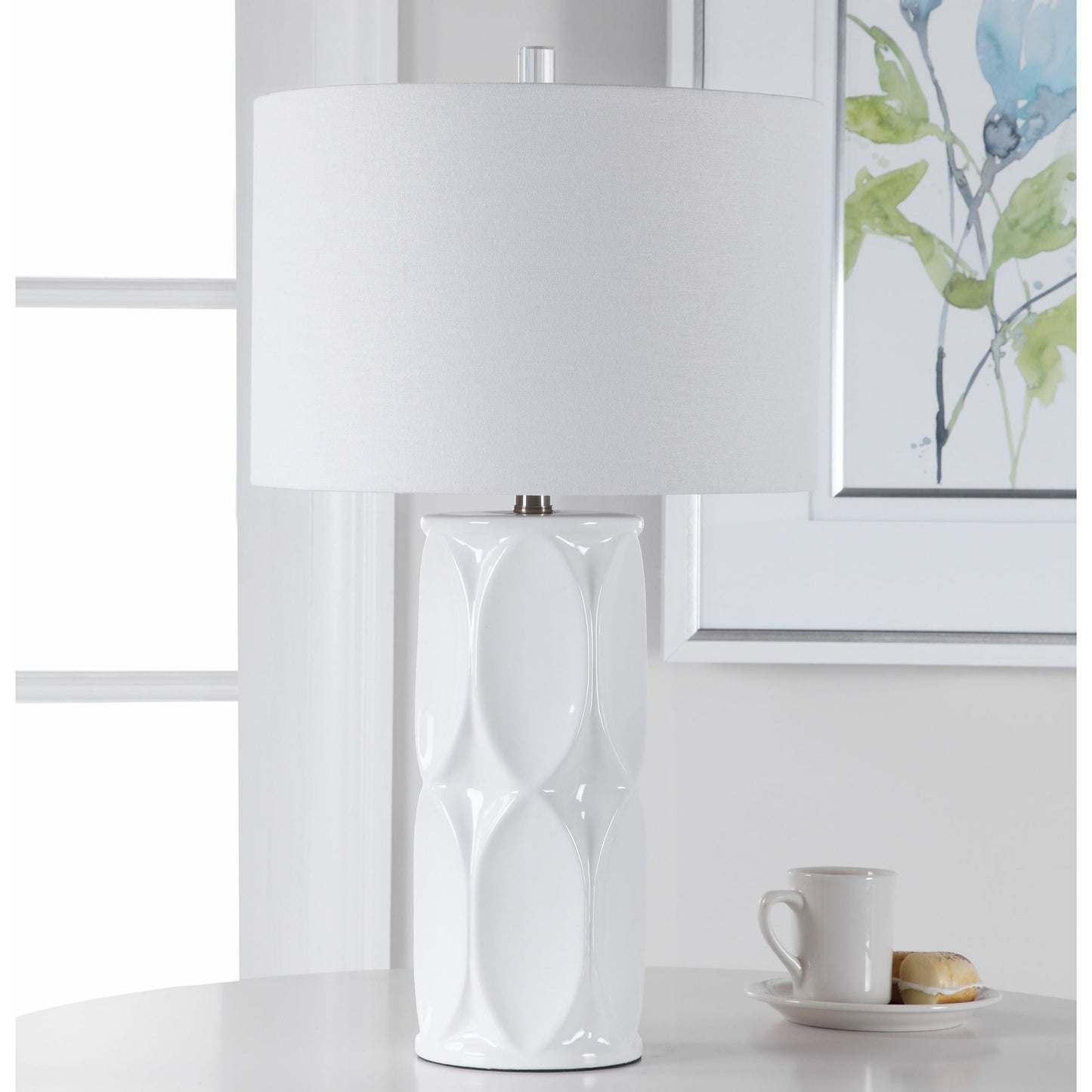 001 SR-766805 | Lifestyle | Sinclair Table Lamp by Uttermost in white. Made from ceramic, metal, fabric in a modern style.