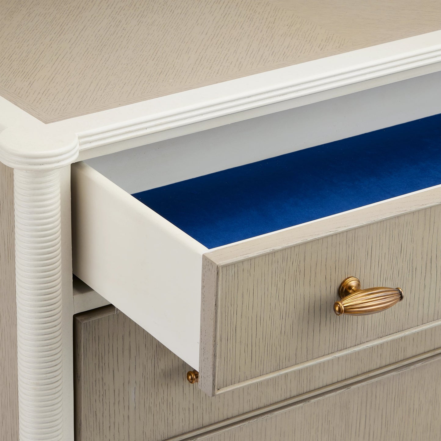 007 SI-2133849 | Closeup | Aster Chest by Currey and Company in off white, fog, polished brass. Made from mahogany, oak, brass in a modern style.
