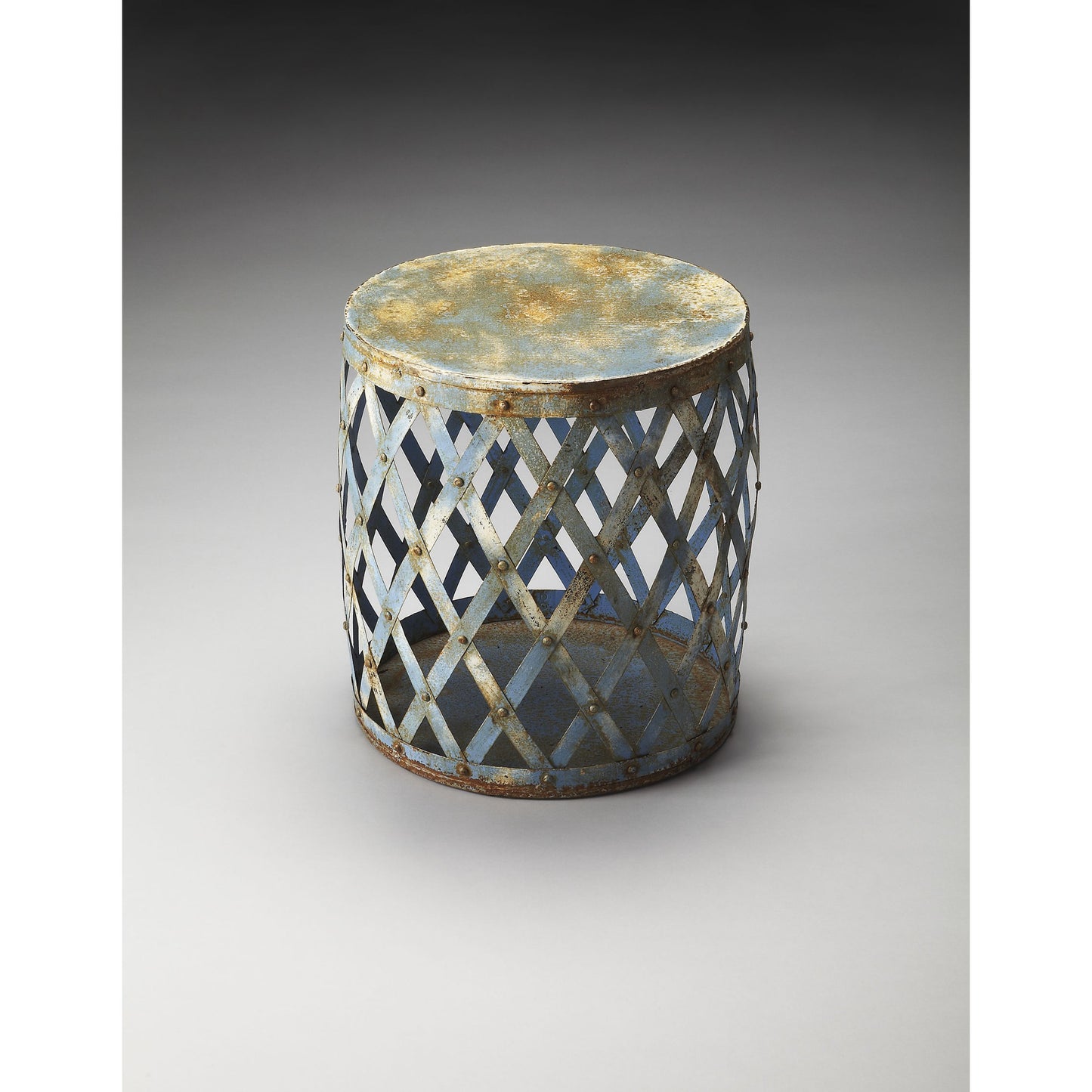 002 O-BUTLER-2865290 | Additional Silo | Bangor Side Table by Butler Specialty Company in blue and artifacts. Made from iron in a modern style.