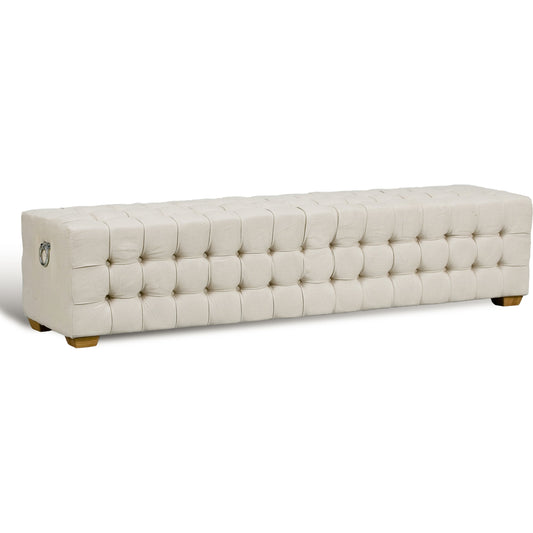Tufted Bench by Sarreid Ltd. in beige and beige linen. Made from oak, linen in a cottage & farmhouse style.
