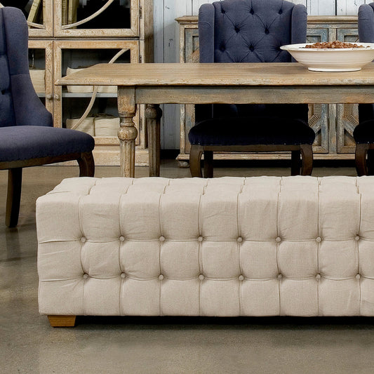 Tufted Bench by Sarreid Ltd. in beige and beige linen. Made from oak, linen in a cottage & farmhouse style.