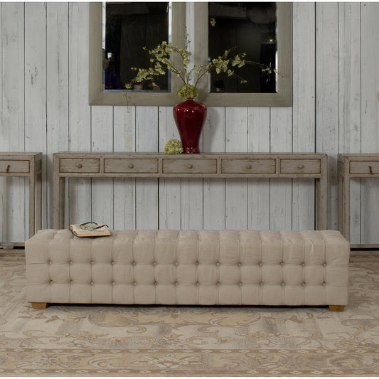 Tufted Bench by Sarreid Ltd. in beige and beige linen. Made from oak, linen in a cottage & farmhouse style.