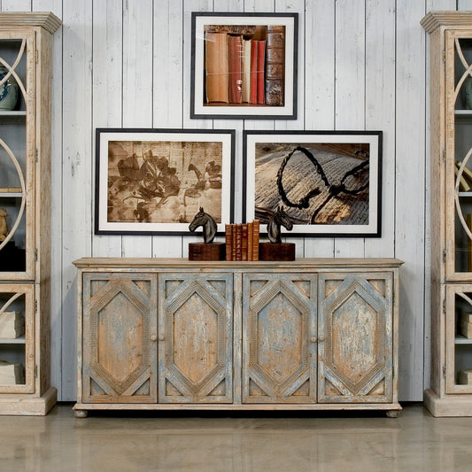 Four Diamonds Sideboard by Sarreid Ltd. in blue and 2 removable shelves. Made from pine in a cottage & farmhouse style.