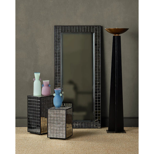 Mosaico Floor Mirror by Currey and Company in ebony, antique mirror. Made from mango wood, glass in a modern style.