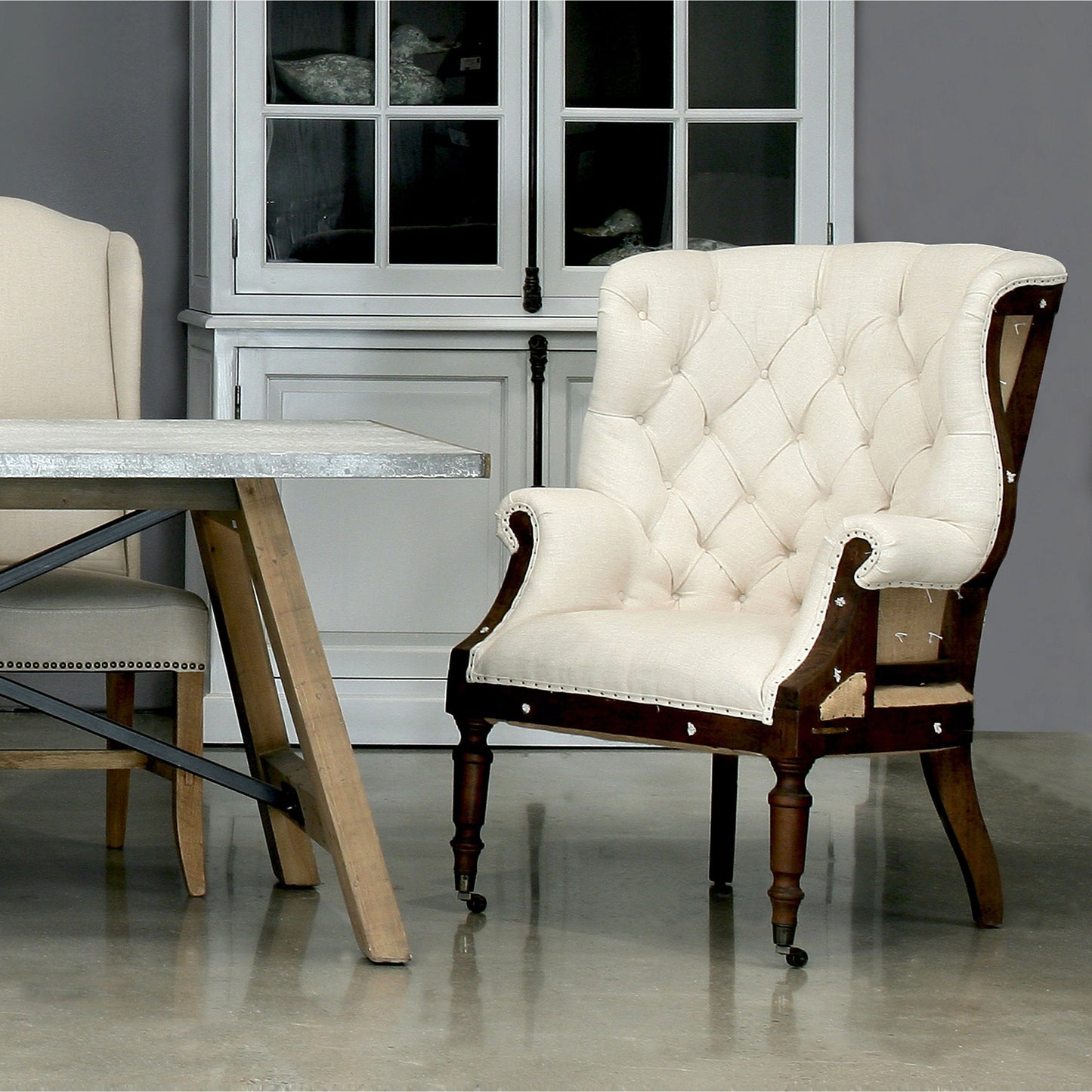 006 SR-770298 | Lifestyle | Irish Chair by Sarreid Ltd. in ivory and deconstructed back & sides. Made from linen, wood in a cottage & farmhouse style.