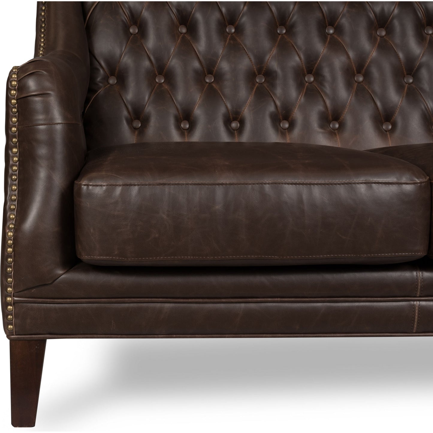 006 O-SARRIED-LTD-28927 | Closeup | Brooks Sofa by Sarreid Ltd. in brown and chocolate faux leather. Made from birch, leather in a traditional style.
