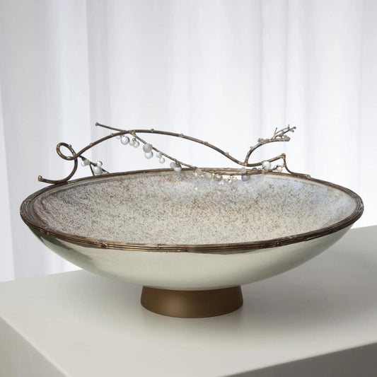 Foret Centerpiece by Global Views in matte antique brass. Made from snow white finished glass, aluminum, brass, glass beads in a modern style.