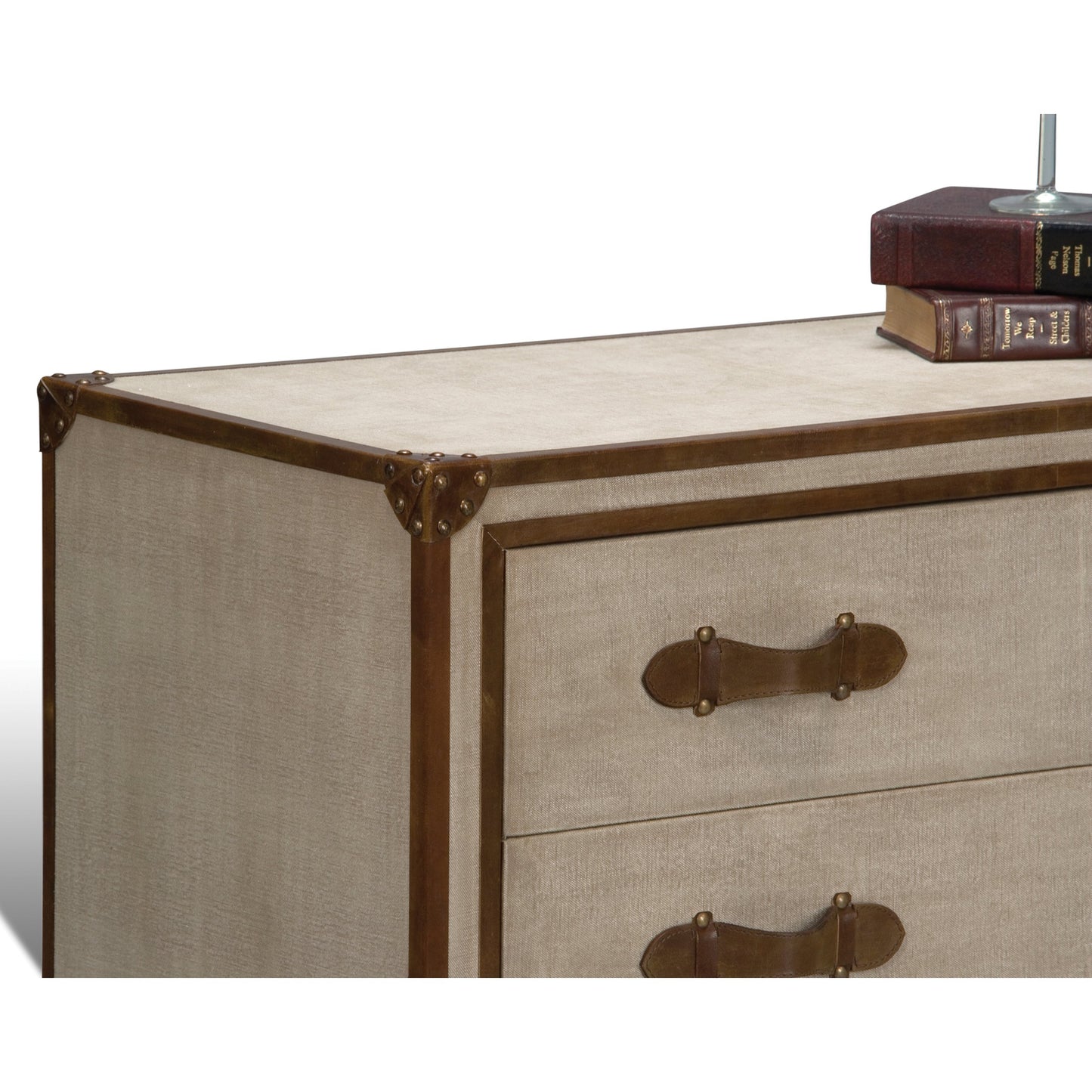 005 S-242871 | Closeup | French Art Deco Commode by Sarreid Ltd. in beige, brown and natural finish. Made from wood, canvas, brass in a traditional style.