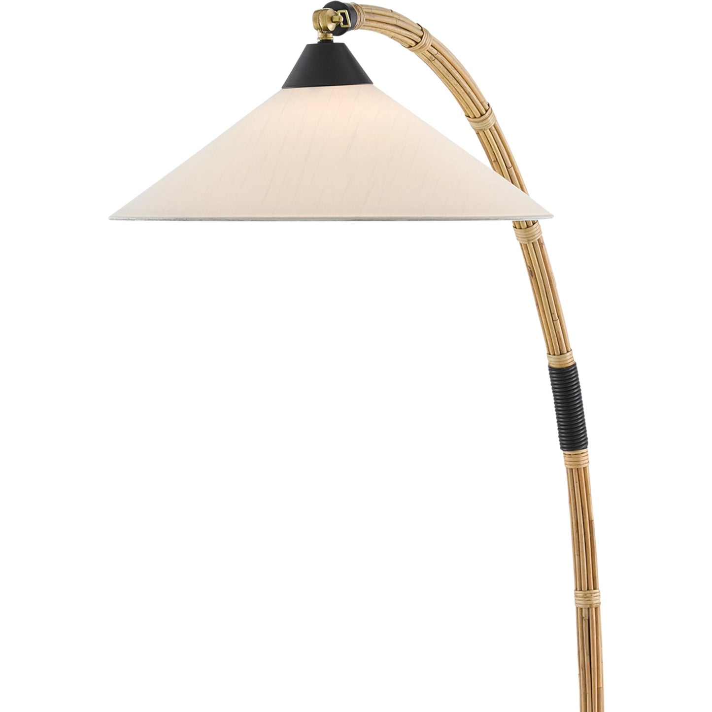 006 SR-890175 | Closeup | Lisbon Floor Lamp by Currey and Company in natural, rattan, new brass, satin black. Made from wrought iron, rattan in a modern style.