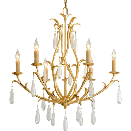 001 SI-2072900 | Primary Silo | Prosecco 6 Light Chandelier by Corbett in gold leaf. Made from hand crafted iron in a transitional style.