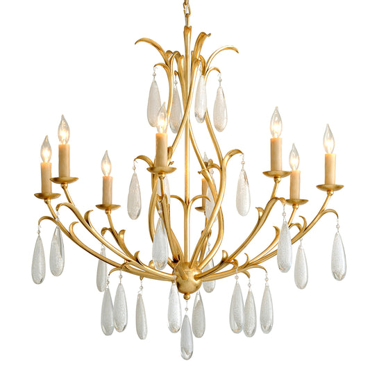 001 SI-2029886 | Primary Silo | Prosecco 8 Light Chandelier by Corbett in gold leaf. Made from hand crafted iron in a transitional style.
