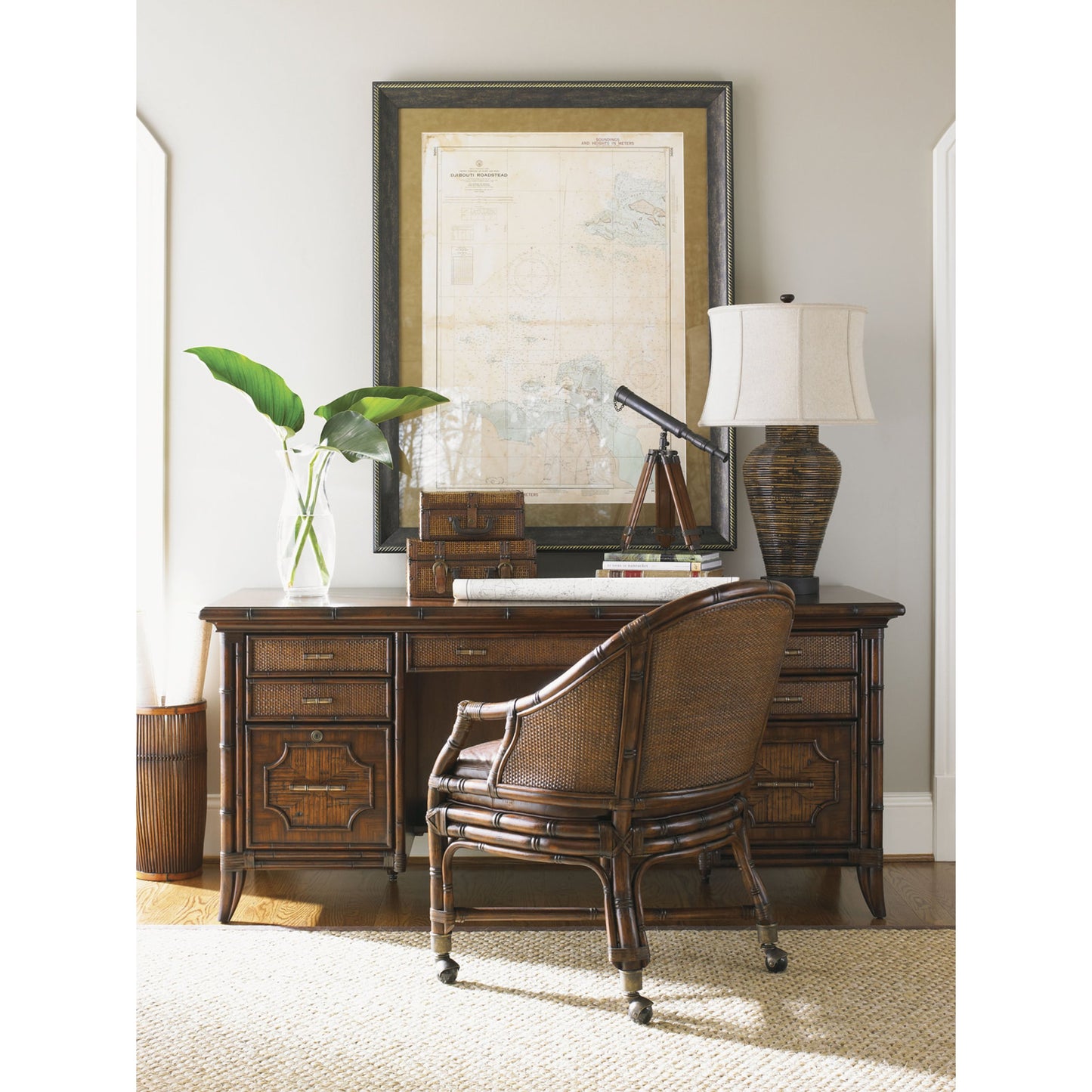 006 SR-835892 | Lifestyle | Rum Runner Desk Chair by Sligh in brown. Made from unique in a coastal style.