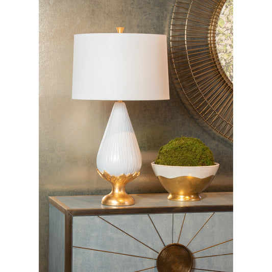 Centerpiece Bowl by Wildwood in white glaze, gold leaf. Made from ceramic in a transitional style.