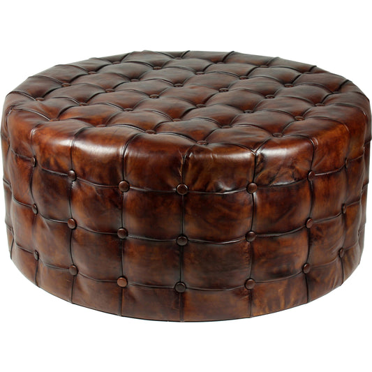 Tufted Ottoman by Sarreid Ltd. in brown and full grain goat leather. Made from wood, leather in a traditional style.