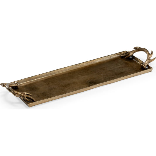Diana Rectangular Tray by Wildwood in antique brass. Made from cast aluminum in a modern style.