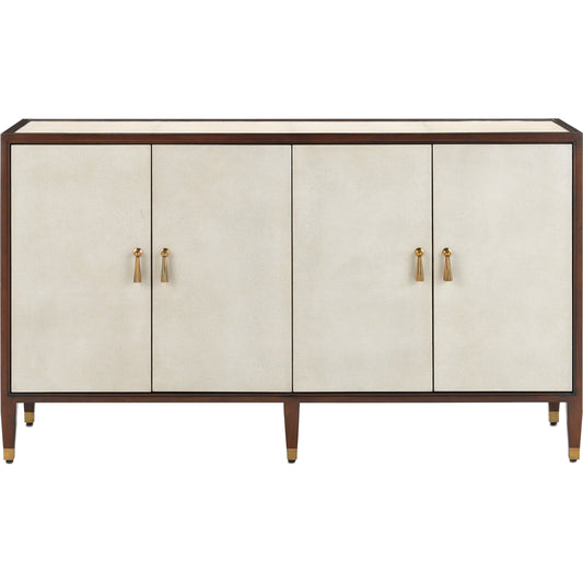 Evie Credenza by Currey and Company in ivory, dark walnut, brass. Made from faux shagreen, mahogany, cast brass in a transitional style.