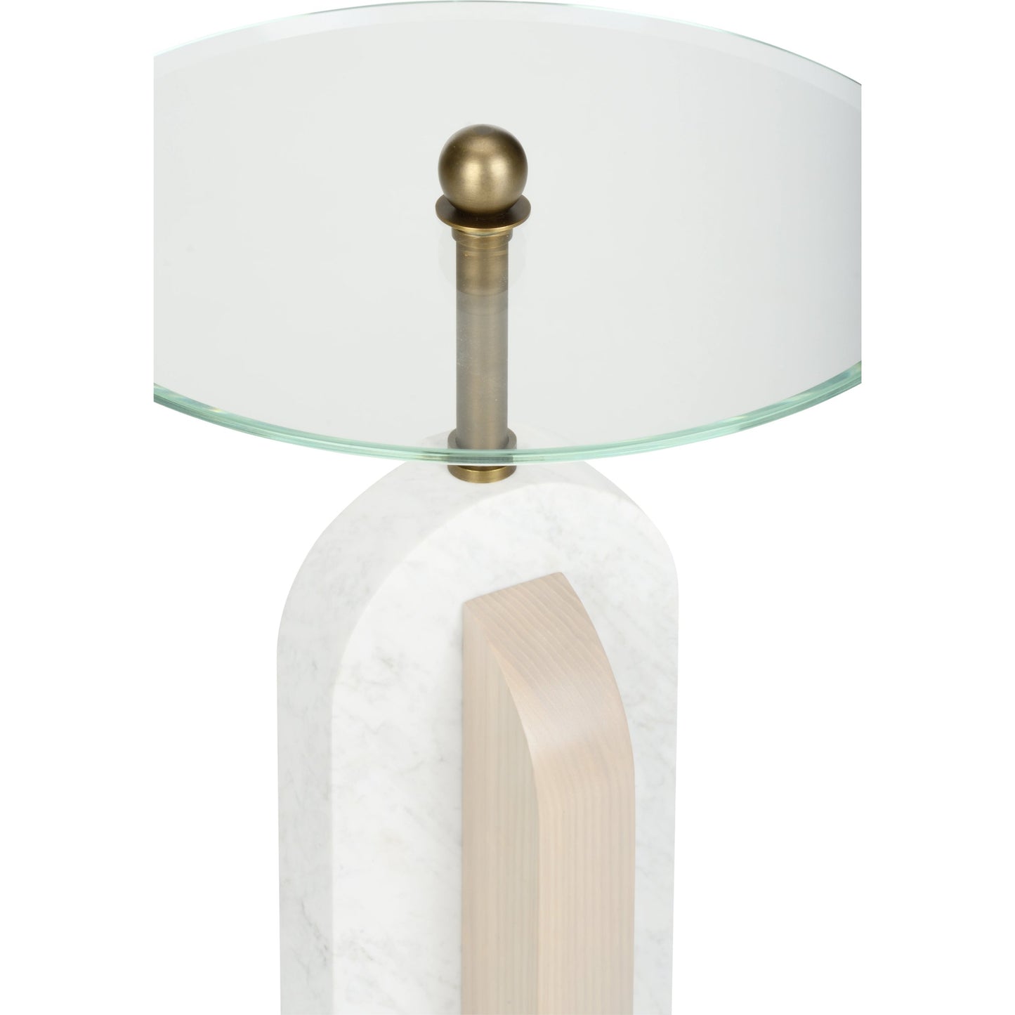 002 SI-2104808 | Additional Silo | Channarock Accent Table by Wildwood in natural white, rift cut white oak, beveled clear, antique brass. Made from honed carrera marble / wood in a modern style.