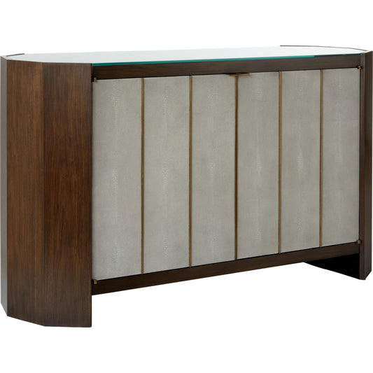 001 SI-2104814 | Primary Silo | Harper Console by Wildwood in walnut, gray, antique brass, clear. Made from wood/shagreen/metal/glass in a modern style.