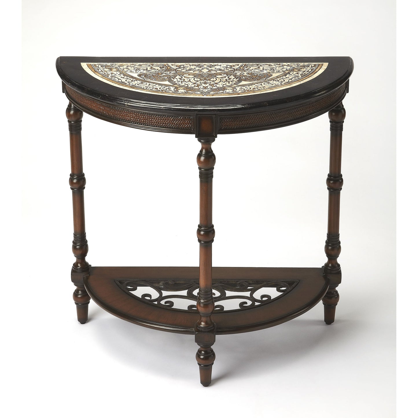 004 O-BUTLER-2970025 | Additional Silo | Fabiola Demilune Console Table by Butler Specialty Company in multi-color and metalworks. Made from wood solids, wood products, wood veneers, metal, fossil stone, penn shell in a traditional style.