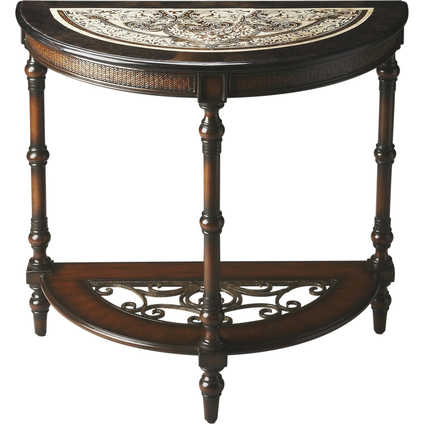 001 O-BUTLER-2970025 | Additional Silo | Fabiola Demilune Console Table by Butler Specialty Company in multi-color and metalworks. Made from wood solids, wood products, wood veneers, metal, fossil stone, penn shell in a traditional style.